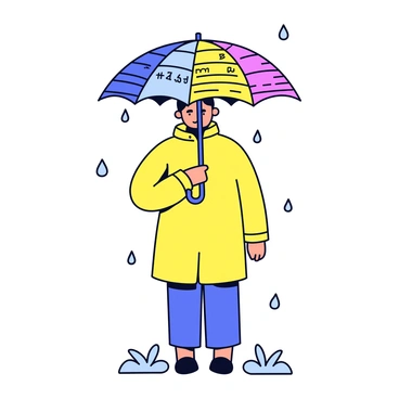 An umbrella covering a person standing in the rain. The umbrella is made from colorful CPF documents, displaying various text and numbers on its surface. The person is dressed in a bright yellow raincoat and is holding the umbrella above their head. Raindrops are falling from a gray sky and splashing on the ground around them.