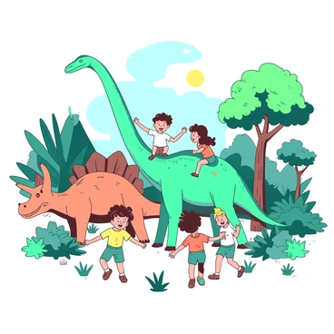 A group of children are happily playing among friendly dinosaurs in a lush prehistoric park. The dinosaurs, one is a teal Brachiosaurus with a long neck reaching towards the treetops, and another is a vibrant orange Triceratops with a playful expression. The children, dressed in colorful outfits, are climbing on the Brachiosaurus and laughing as they play tag around the Triceratops. In the background, there are various prehistoric plants and trees, creating a vibrant atmosphere. The sun is shining brightly, casting cheerful shadows as the kids enjoy their adventurous day.