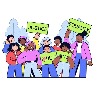 A peaceful protest scene with people holding signs advocating for justice and equality
