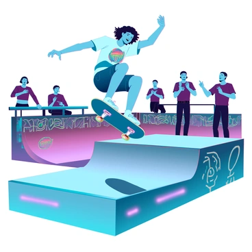A skateboarder with medium skin tone and short curly hair is performing a trick on a skateboard. He is wearing a black helmet, a colorful graphic t-shirt, and denim shorts. The skateboarder is mid-air, executing a kickflip above a concrete ramp in a lively skateboard park. Surrounding him are other skateboarders and observers, with some cheering and clapping. The park is filled with ramps, rails, and graffiti-covered walls, creating an energetic atmosphere. Sunlight casts dynamic shadows across the scene, highlighting the skateboarder and his movement.