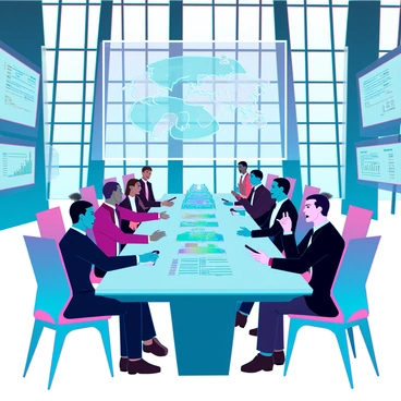 A grand meeting room with high ceilings and large windows allowing natural light to flood in. The room is furnished with a long, polished table surrounded by world leaders seated in sleek, modern chairs. Each leader has a unique appearance, wearing formal attire that reflects their respective cultures. The walls are adorned with digital screens displaying interactive maps and data. In the center of the table, there are advanced holographic displays showcasing key statistics and presentations. The atmosphere is focused and intense, as the leaders engage in animated discussions, gesturing with their hands and taking notes on futuristic tablets.