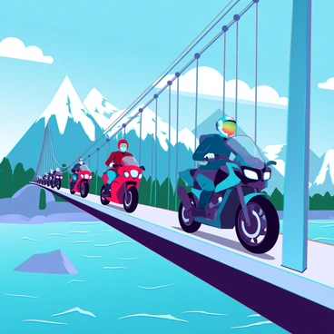 A group of motorcyclists dressed in protective gear is traversing a large suspension bridge. The bridge features sturdy cables and a sleek design, stretching high above the ground. In the background, there are majestic mountains crowned with snow, under a bright blue sky dotted with fluffy white clouds. Below the bridge, a river flows with shimmering water reflecting the sunlight. The motorcyclists are riding various models of motorcycles, showcasing a range of colors and styles. One of them has a bright red bike, while another rides a sleek black model. Each motorcyclist appears focused on the road ahead as they navigate the impressive structure.