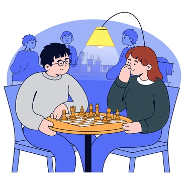 Two people sitting across from each other at a small wooden table in a dimly-lit cafe. The first person is a man with short black hair, wearing glasses and a light gray sweater. The second person is a woman with long brown hair, dressed in a dark green blouse. A chessboard is set between them, featuring intricately carved wooden pieces, some standing while others have been captured. The warm glow from a nearby table lamp casts soft shadows on their focused faces as they analyze the game. In the background, there are blurred silhouettes of other cafe patrons and a variety of drinks on the counter.
