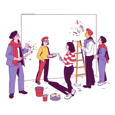 A group of illustrators dressed in stereotypes, like wearing berets and scarves while trying to create a mural.