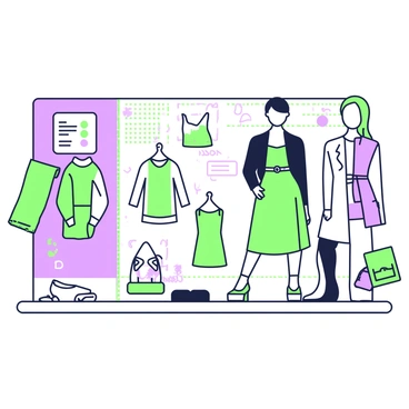 A board is filled with various fabric swatches and sketches representing the upcoming season's fashion trends. On the left side, there are several pieces of fabric laid out, showcasing different textures and patterns. Next to the fabrics, a series of sketches depict stylish outfits, including dresses, jackets, and accessories. Each sketch is labeled with notes regarding colors and design details. In the center, there is a large sketch of a model wearing one of the featured outfits, displaying a confident pose. Behind this arrangement, the board has a grid pattern, adding structure to the composition.