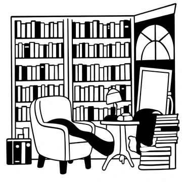 A cozy library corner filled with tall bookshelves overflowing with books. A large, plush armchair is positioned beside a small wooden table. A picture frame is propped against a stack of books, featuring an empty space where a photo could be placed. A warm blanket is draped over the armchair. Soft light filters in from a nearby window, casting delicate shadows across the floor. An antique lamp sits on the table, adding to the inviting atmosphere.