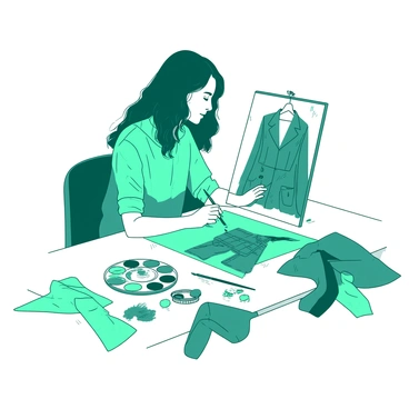 A teal artist is sitting at a white table, intently working on a fashion illustration. The artist is surrounded by various fabric scraps in different textures and colors. A palette filled with vibrant paints is open on the table, and several paintbrushes are scattered nearby. The illustration features a stylish outfit composed of fabric pieces, showcasing intricate patterns and designs. The artist is applying paint to enhance the details of the illustration, while colorful fabric scraps are pinned around the edges of the work, adding depth to the creative process. The scene is filled with an engaging atmosphere of creativity and artistic expression.