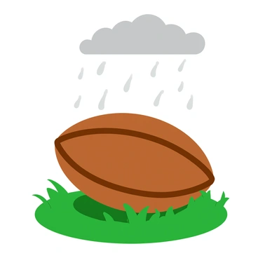 A brown rugby ball positioned on a green grass field. The ball is slightly muddy, indicating recent play. Above, gray clouds cover the sky, with droplets of rain falling down. The rain creates small splashes as it hits the ground and the ball, causing droplets to bounce off its surface. The overall scene captures the motion of the rain and the texture of the wet field.