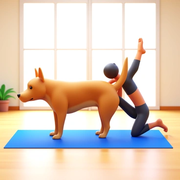 A dog with a light brown coat is positioned on a yoga mat, attempting a leg extension stretch. The dog's back leg is raised high behind it, mirroring its owner's pose. The owner, a person wearing athletic clothing, is kneeling beside the dog, also extending one leg back in the same manner. The scene captures a moment of playful imitation between the dog and its owner. The background features a bright and airy room with wooden floors and large windows, allowing natural light to illuminate the scene.