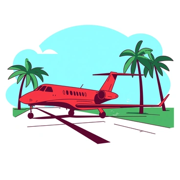 A red luxurious private jet with sleek lines is taking off from a clear runway. The runway is flanked by tall green palm trees that create a tropical atmosphere. The jet has its landing gear retracted, and the engines are roaring as it ascends into the sky. The bright blue sky is clear, allowing the sun to shine down on the scene, enhancing the vibrant colors of the jet and the surrounding greenery.