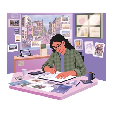 A comic book artist is depicted in the process of designing panels, surrounded by various art tools. The artist, who has medium skin and curly black hair, is focused intently on their drawing tablet. The workspace is filled with sketches of the "vibrant streets of Glasgow," showcasing colorful buildings with ornate facades, street art, and bustling market stalls. On the wall behind the artist, there are pinned inspirations, including photographs of iconic Glasgow landmarks like the Clyde Arc and vibrant street scenes. The artist has a cup of coffee on the table beside them, and sunlight streams through a window, illuminating the sketches. The artist is wearing a plaid shirt and glasses, absorbed in their creative process.