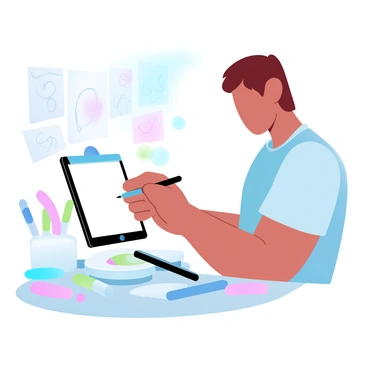 An artist is focused on a digital tablet, drawing with a stylus. The artist has short hair and is wearing a casual t-shirt. Around the artist, there are colorful sketches pinned to a nearby wall, showcasing various designs. Various art supplies, such as paintbrushes, markers, and a color wheel, are scattered on a desk beside the tablet. The scene is filled with bright, gradient pastel colors, creating a vibrant and creative atmosphere.