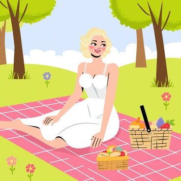 Marilyn Monroe is sitting on a red and white checkered blanket spread across a grassy area. She is wearing a classic white dress that flows gently around her as she smiles. Next to her is a wicker picnic basket filled with fruits and sandwiches. Sunlight bathes the scene, creating a warm and inviting atmosphere. A few colorful flowers are scattered around, adding vibrancy to the setting. In the background, there are tall trees providing shade, while a clear blue sky is visible above.