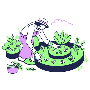 A spiral herb garden is arranged in a circular layout, with various herb plants neatly organized along the spiral path. In the center, a gardener with a sun hat is bending down to pick fresh herbs, showing a focused expression. The gardener is wearing a light-colored shirt and gardening gloves. Surrounding the gardener, vibrant green herbs such as basil, thyme, and rosemary are visible, each plant thriving in its own section of the spiral. A small basket lies nearby, ready to collect the freshly picked herbs. The sky above is clear, indicating a sunny day.