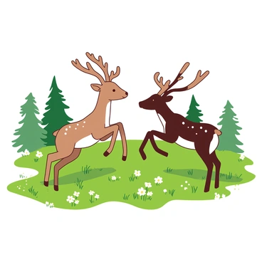 Two playful young caribou fawns are frolicking in a green meadow filled with bright green grass and scattered wildflowers. One fawn, with a light brown coat speckled with white spots, leaps joyfully into the air, while the other, slightly darker in color with a more defined pattern of white spots, chases after it. The sunlight casts soft shadows on the ground as the fawns' hooves kick up tiny tufts of grass. In the background, there are hints of tall trees framing the meadow, complementing the lively scene.