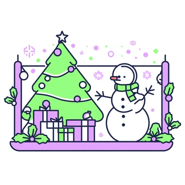 One half of a board features a festive holiday scene. On the left side, there is a large, decorated Christmas tree adorned with sparkling ornaments and a shining star on top. Under the tree, colorful presents are neatly arranged. Surrounding the tree, strings of lights twinkle brightly. There are also decorative garlands draped along the edges of the board, with holly and berries interspersed. In the background, a snowman with a carrot nose and a scarf stands cheerfully. A few snowflakes gently fall in the scene, enhancing the holiday atmosphere.