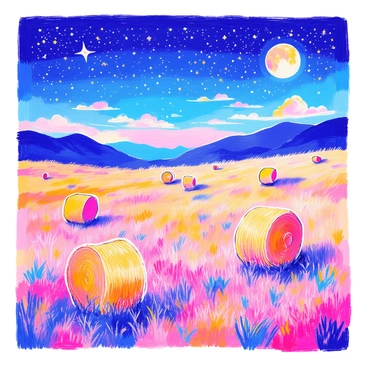 An open field stretches across the landscape, filled with several round hay bales scattered throughout the tall, golden grass. Above, the night sky is filled with numerous twinkling stars, creating a vibrant display. The moon casts a soft glow, illuminating the field gently. In the background, silhouettes of distant hills can be seen under the starry sky.