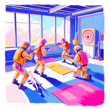A group of operators is engaged in combat training within a modern training facility. They are wearing tactical gear that includes helmets and protective vests. One operator is practicing hand-to-hand combat techniques with a training dummy while another is aiming a rifle at a target set up on the far wall. Various training equipment is scattered throughout the room, including mats, targets, and weapons on display. Large windows let in natural light, illuminating the operators as they focus on their skills. The atmosphere is intense and purposeful, showcasing a dedication to their training.