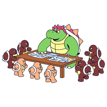 Bowser is a large, spiky-shelled turtle-like creature with a fierce expression, positioned centrally. He has bright green skin and prominent horns. Surrounding him is a group of Koopa minions, each with a distinct appearance. The minions have varying shades of brown shells and carry expressions of eagerness and anticipation. 

They are gathered around a large wooden table cluttered with maps and plans. A few minions are leaning in closer to Bowser, while others stand with crossed arms, listening intently. The setting is simple, with a clear focus on the characters in the planning session.