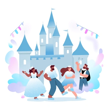 A large fairytale castle is the centerpiece of the stage set, with tall spires and intricate architectural details. In front of the castle, a group of children dressed as royalty can be seen. One child is wearing a sparkling gown with a long train, while another is in a regal outfit complete with a cape. A child holding a toy scepter stands proudly next to a friend adorned in a crown made of flowers. Colorful banners hang from the castle walls, and a whimsical atmosphere is created by the vibrant colors surrounding the scene.