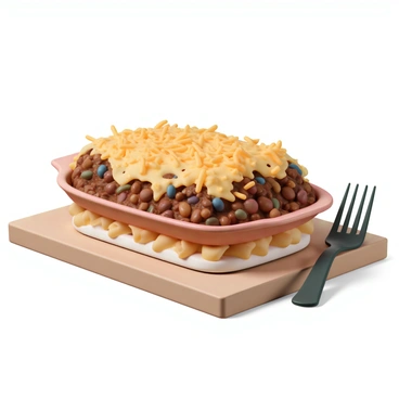 A casserole dish filled with a layer of pasta at the bottom. On top of the pasta, there is a thick, rich layer of chili, simmered to perfection, with a variety of beans and ground meat visible. The chili is generously topped with a melting layer of shredded cheese, creating a bubbly golden crust. The entire dish is placed on a wooden table, with a fork resting beside it, ready to serve.