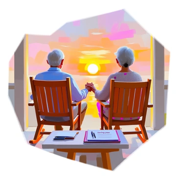An elderly couple with gray hair, sitting comfortably in wooden rocking chairs on a porch. The man is wearing a light blue shirt and khaki pants, while the woman has on a floral dress and a knitted cardigan. They are holding hands and gazing out at a vibrant sunset, with shades of orange, pink, and purple filling the sky. Beside them on a small table, there is a folder labeled "savings plan" along with a couple of pens. The couple looks content and peaceful as they enjoy the moment together.