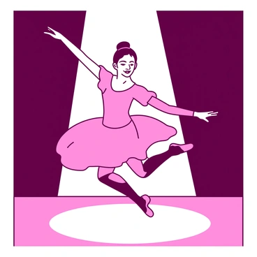 A pink ballet dancer is mid-leap across a stage, illuminated by a bright white spotlight. Her arms are elegantly extended, and her tutu is flowing gracefully around her. The dancer's face shows concentration and joy, capturing the essence of her art. The stage has a dark background, emphasizing the dancer’s vibrant pink costume as she performs.