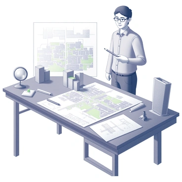 A miniature city planner is standing on a large wooden desk, surrounded by various drafting tools. The planner is holding a pencil and is focused on sketching blueprints for a city layout. Scattered around the desk are small models of buildings, streets, and parks, creating an intricate landscape. The planner wears glasses and is dressed in professional attire. The desk is cluttered with a compass, ruler, and sheets of paper, showcasing detailed plans and diagrams of the city. Natural light streams in from a nearby window, illuminating the scene.