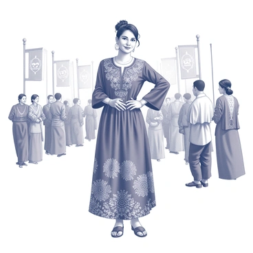 A woman stands confidently, wearing a traditional Batik dress that features intricate patterns and designs. The dress has flowing sleeves and reaches down to her ankles, showcasing the detailed craftsmanship. She has her hair styled elegantly, adorned with local accessories that complement her attire. In the background, various festival decorations can be seen, including colorful banners and traditional motifs. The atmosphere is lively, with people in traditional outfits participating in the festivities around her.