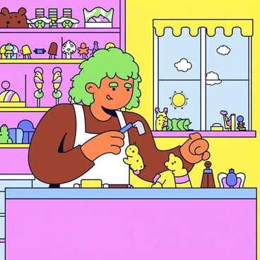 An Oompa Loompa with bright green hair and orange skin is focused on crafting intricate candy sculptures. He is wearing a white apron over his brown outfit. The workshop is filled with vibrant colors, featuring various types of candy on the shelves, including lollipops, gummy bears, and chocolate bars. The Oompa Loompa is skillfully shaping a candy sculpture that resembles a whimsical animal, using tools that resemble pastry utensils. Brightly colored walls are adorned with playful patterns of sweets, and a window showcases a sunny day outside.