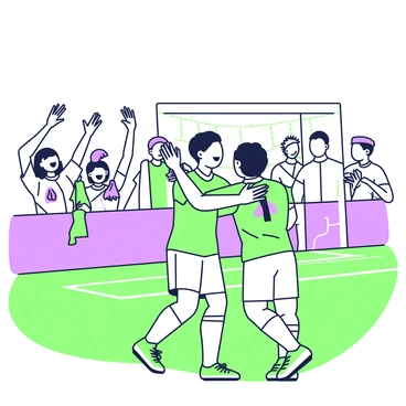 A soccer team is celebrating on the field after scoring a goal. The players are embracing each other with smiles, showing their excitement. In the background, fans are standing and cheering, raising their arms in celebration. Some fans are holding scarves and flags, while others are clapping enthusiastically. The scene captures a moment of joy and triumph, with players wearing uniforms and the field marked with white lines. The goalpost is visible in the background, highlighting the context of the celebration.