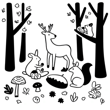 A group of woodland animals gathered in a forest clearing, surrounded by trees with fallen leaves scattered on the ground. There is a deer with antlers standing gracefully, beside a rabbit sitting near a pile of acorns. A squirrel is climbing a tree while holding an acorn in its paws. Nearby, a family of hedgehogs is foraging among the leaves. The scene is filled with various mushrooms and an assortment of colorful leaves, capturing the essence of the fall season.