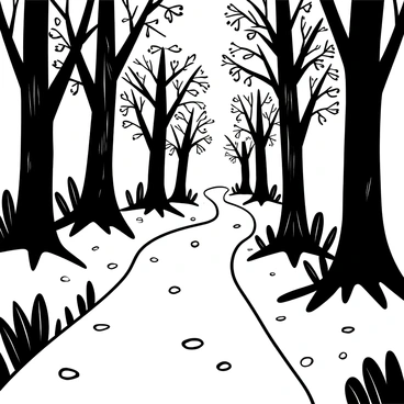 A winding path through a dense forest, surrounded by tall trees with intricate bark patterns. The ground is covered with fallen leaves and scattered pebbles along the path. Soft light filters through the branches, casting elongated shadows on the ground. The trees feature varying textures and shapes, their leaves detailed in contrast against the light. There are patches of scrub and underbrush lining the path, enhancing the sense of depth and perspective in the scene.