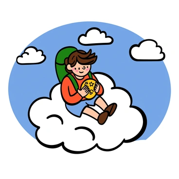 A young adventurer with light skin and messy brown hair is sitting on a fluffy, white cloud. The adventurer is wearing a colorful outfit consisting of a red vest, blue shorts, and a green backpack. The cloud is billowing around them as they hold a glowing, spherical dragon ball in their hands, radiating a golden light. The sky around them is a bright blue with a few fluffy white clouds scattered throughout, creating a sense of wonder and adventure.