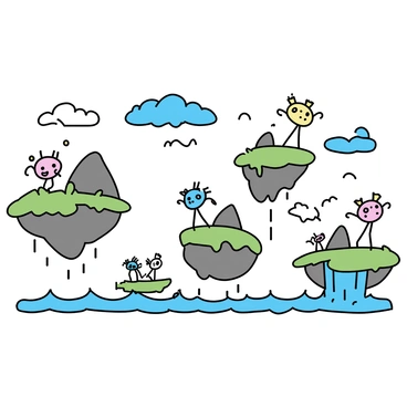 A landscape with several floating islands of varying sizes, each adorned with vibrant greenery and unusual rock formations. Below the islands, there are wispy clouds and a bright blue sky. Strange creatures with elongated limbs and colorful patterns wander across the islands, interacting with their environment. Some creatures have multiple eyes and unique shapes, while others glide gracefully through the air. Lush waterfalls cascade from the edges of the islands, creating a sense of movement and wonder.