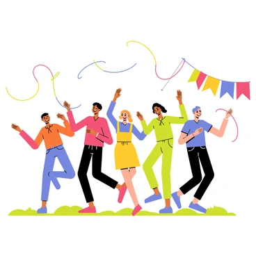 A group of five people dancing joyfully in a vibrant outdoor setting. They are surrounded by colorful streamers and large, multi-colored banners that flutter in the breeze. Each person is wearing bright clothing, with one wearing a red shirt, another in a yellow dress, and the rest in shades of blue and green. Their faces are lit up with smiles as they move rhythmically. Some streamers twist in the air, while others are held in the dancers' hands, adding to the festive atmosphere. The background features green grass and a clear blue sky, enhancing the cheerful scene.