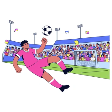 A soccer player in a bright red uniform is executing a powerful kick to score a goal. The player is captured mid-action, with their foot making contact with the ball, which is flying towards the goal. The background features a crowded stadium filled with enthusiastic fans, waving colorful flags and cheering. The goalpost is visible in the distance, with a net ready to catch the ball. Bright stadium lights illuminate the scene, highlighting the intense moment.