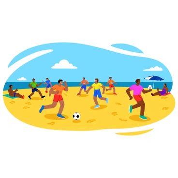 A lively game of soccer is being played on a sandy beach. Several players wearing colorful jerseys are engaged in an energetic match. The sand is golden and fine, with footprints scattered across the field. In the background, the clear blue sky stretches above, dotted with a few fluffy white clouds. The players exhibit dynamic poses, with some running, others kicking the ball, and a couple of spectators sitting on beach towels nearby, watching the action. A beach umbrella can be seen in the distance, adding to the lively atmosphere.