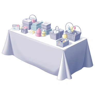 A table is set up, covered with a crisp white cloth, displaying an array of prizes for a raffle. On the table, there are several colorful toys arranged neatly, showcasing a variety of shapes and sizes. Gift cards are stacked in neat piles, featuring different brands and designs. Additionally, there are several decorative baskets filled with assorted goodies, including snacks and small items. The table is well-organized, with clear spacing between each prize, inviting participants to take a closer look.