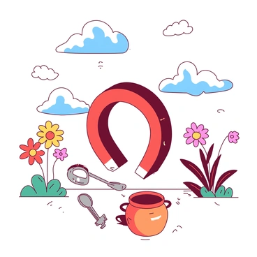 A large red magnet is positioned in the center of a whimsical scene. Various metal objects, including silver spoons, a small gray key, and a shiny orange pot, are being drawn towards the magnet. The background features colorful flowers and playful blue clouds floating in a bright sky. The scene conveys a lighthearted and imaginative atmosphere as the metal objects seem to dance through the air toward the magnet.