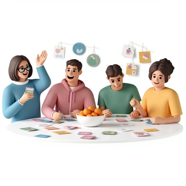 A brightly lit room filled with a group of four friends gathered around a large table cluttered with trivia cards and a bowl of sweet potatoes. One player, a woman wearing a blue sweater and glasses, is animatedly raising her hand, while another player, a man in a green shirt, looks on with a smile, holding a trivia card. A third player, a man in a red hoodie, is leaning forward with a look of concentration, jotting down notes. The fourth player, a woman in a yellow t-shirt, is laughing, pointing at the sweet potatoes, creating a lively atmosphere. The background features colorful decorations related to food and trivia, enhancing the fun vibe of the scene.