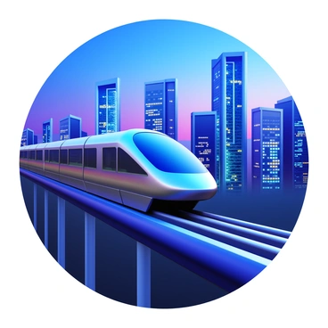 A sleek monorail train with a streamlined design is speeding along its elevated track. The train has a metallic finish with reflective surfaces, showcasing shades of silver and blue. In the background, a futuristic city skyline looms, filled with towering skyscrapers adorned with neon lights and glass facades. The sky is a gradient of twilight colors, blending blue and purple hues. The train moves swiftly, with motion lines indicating speed, while the city lights twinkle in the evening ambiance.