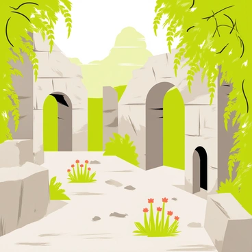 Crumpled stone ruins with crumbling walls, partially hidden by green, thick vines. The ruins are scattered around, with remnants of ancient structures like pillars and archways visible. Sunlight filters through the foliage, casting shadows on the ground. Small flowers bloom among the stones, adding color to the scene. The atmosphere suggests a mysterious, long-lost civilization, with elements like broken pottery pieces and faded carvings peeking through the greenery.