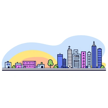 A city skyline that transitions from a few simple buildings on the left to a densely packed metropolis on the right. The left side features small, boxy structures with flat roofs and basic windows. Gradually, the buildings increase in height and complexity as they move to the right, culminating in tall skyscrapers with glass facades and intricate designs. In the foreground, there are abstract representations of trees and roads, enhancing the urban feel. The sky above shifts from a soft blue to a warmer gradient, suggesting a passage of time.