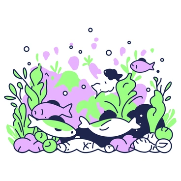 An underwater scene filled with various fish swimming among marine plants. In the foreground, there are several schools of fish, displaying different shapes and sizes. Some fish have distinctive fins and others have elongated bodies. Surrounding them, a variety of marine plants wave gently in the water current, showcasing leaves and fronds in different formations. In the background, there are rocky formations partially covered with algae, adding depth to the scene. Bubbles rise towards the surface, creating a dynamic atmosphere in the water.