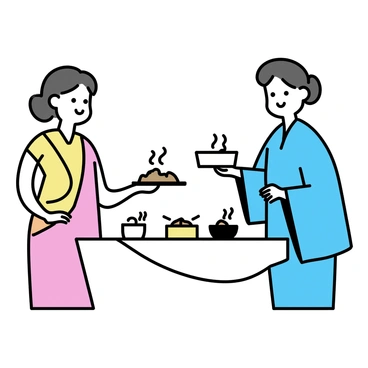Two people, one wearing a colorful sari and the other in a traditional kimono, stand at a wooden table filled with various traditional foods. The person in the sari is handing a plate of aromatic biryani to the person in the kimono, who is holding a bowl of sushi. Both individuals are smiling warmly at each other, showcasing a moment of cultural exchange. The background features simple table decorations that highlight the theme of sharing and friendship.