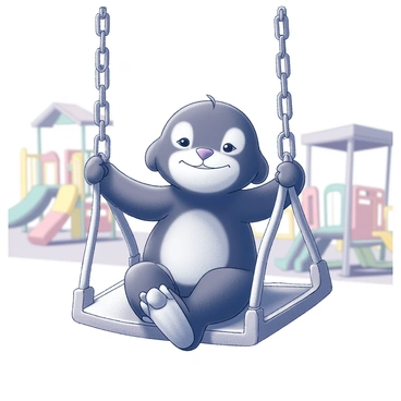 A niffler is seated on a playground swing, its small body nestled comfortably against the seat. The niffler has a big smile on its face, showcasing its joyful demeanor. The swing is attached to metal chains, and the surrounding playground features colorful equipment, such as slides and climbing structures. The niffler’s shiny black fur contrasts with the white elements of the swing, and its shiny nose is pointed upward, as if enjoying a gentle breeze. The sky above is clear, filling the scene with a sense of blissful playfulness.