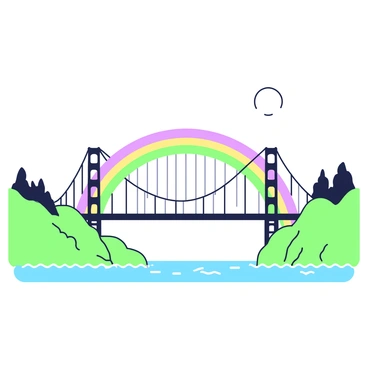 A rainbow arching over the Golden Gate Bridge, which stretches across the bay. The bridge is a large, recognizable structure with tall towers and suspension cables. Below, the water of the bay is visible, with gentle waves reflecting the rainbow's colors. On either side of the bridge, steep green hills rise, covered in greenery and dotted with trees. The sky is clear, providing a bright backdrop to this scene.
