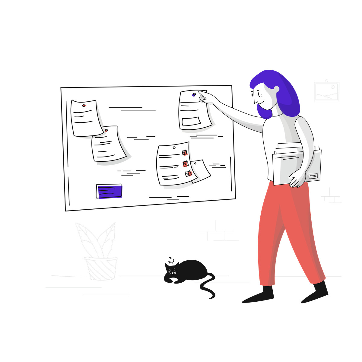 Pixeltrue 스타일의 Office worker arranging papers on board, project planning or task management 일러스트레이션 PNG, SVG 다운로드