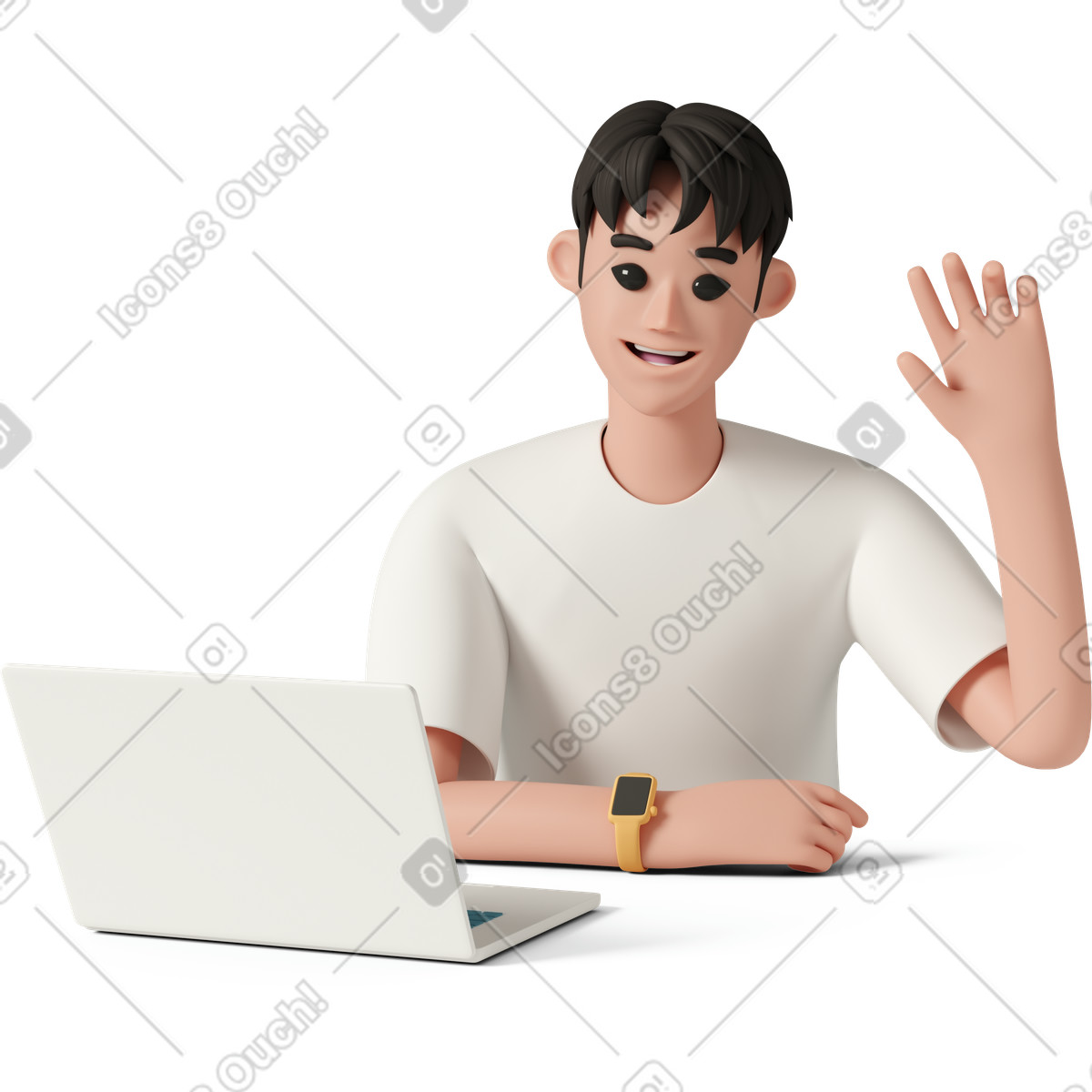Smiling man with laptop waving hand-Illustration im 3D Casual life-Stil als Download in PNG, SVG